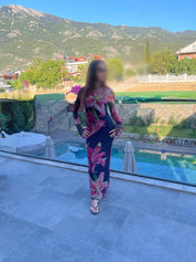 Printed modest mesh dress in florals