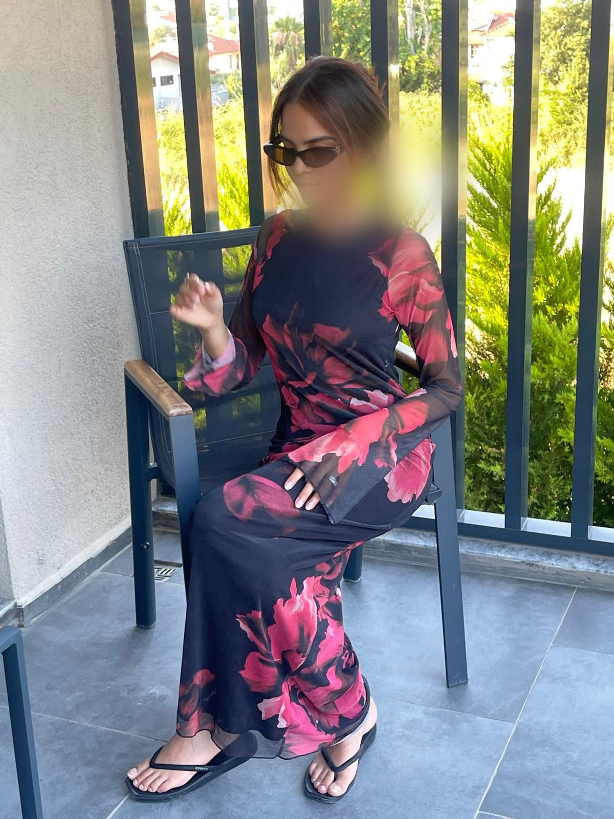 Printed Flared Sleeve Mesh Maxi Dress