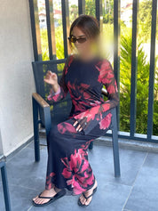 Printed Flared Sleeve Mesh Maxi Dress