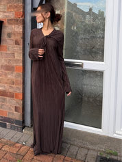 Pleated tie front maxi dress in espresso brown