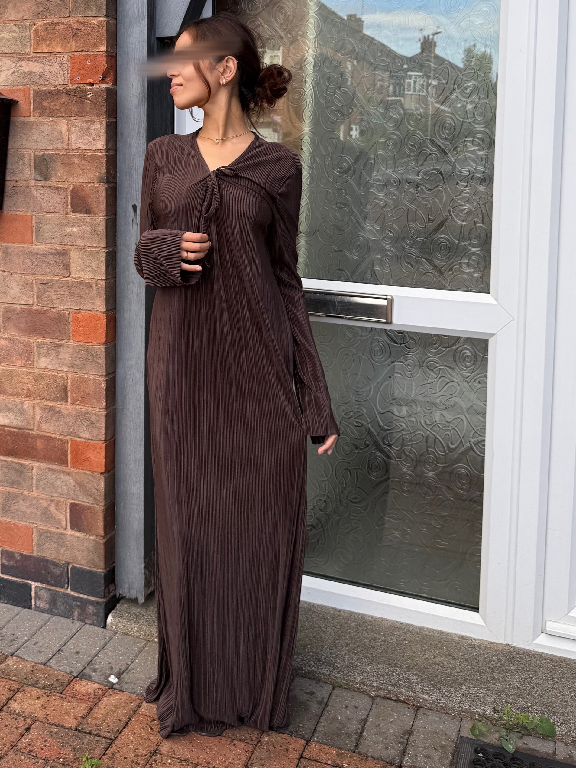 Pleated tie front maxi dress in espresso brown