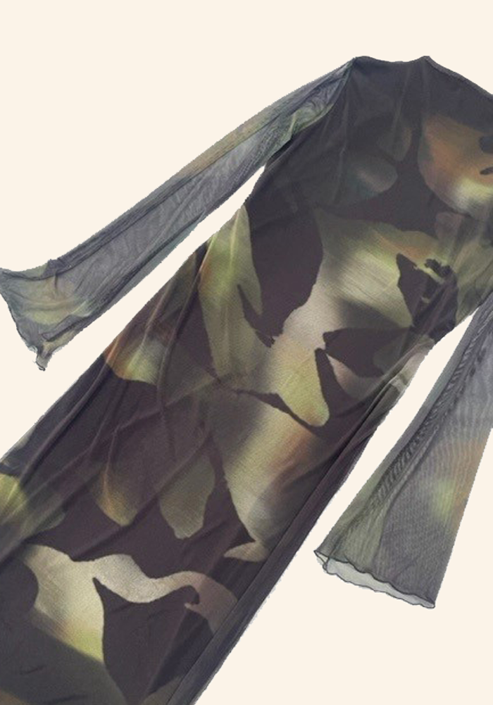Funnel neck detail mesh maxi dress in green leaf
