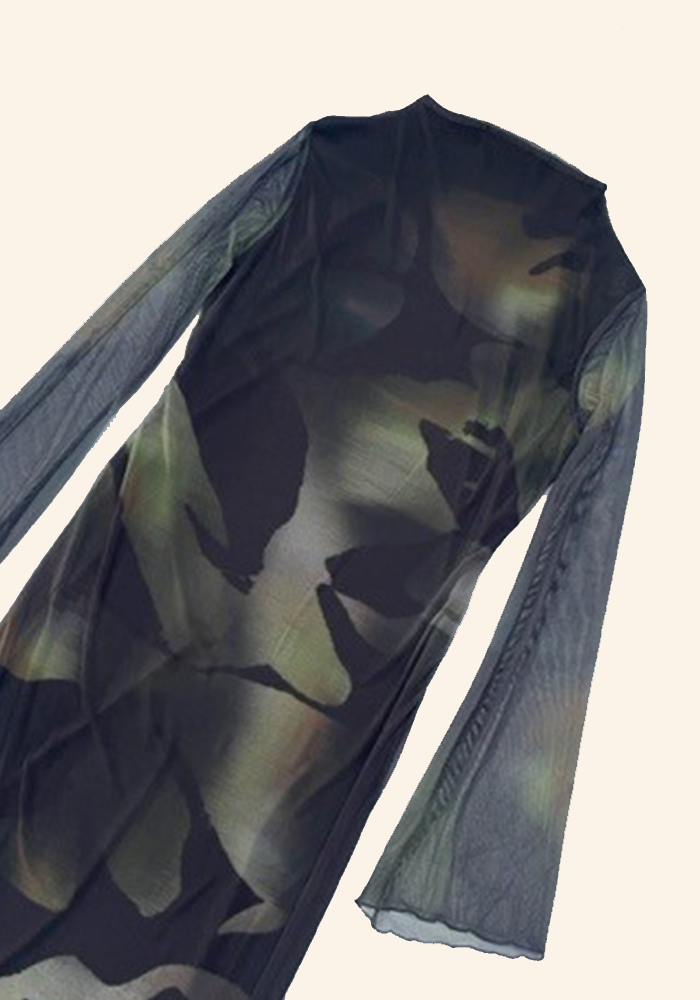 Funnel neck detail mesh maxi dress in green leaf