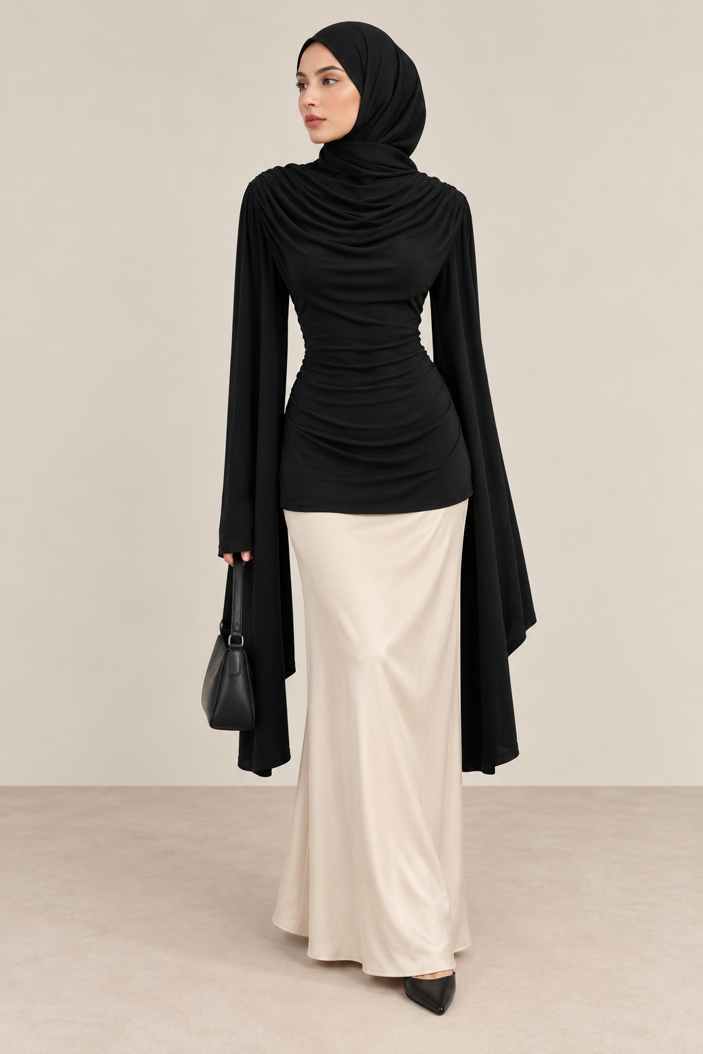 Modest cowl and drape top in black