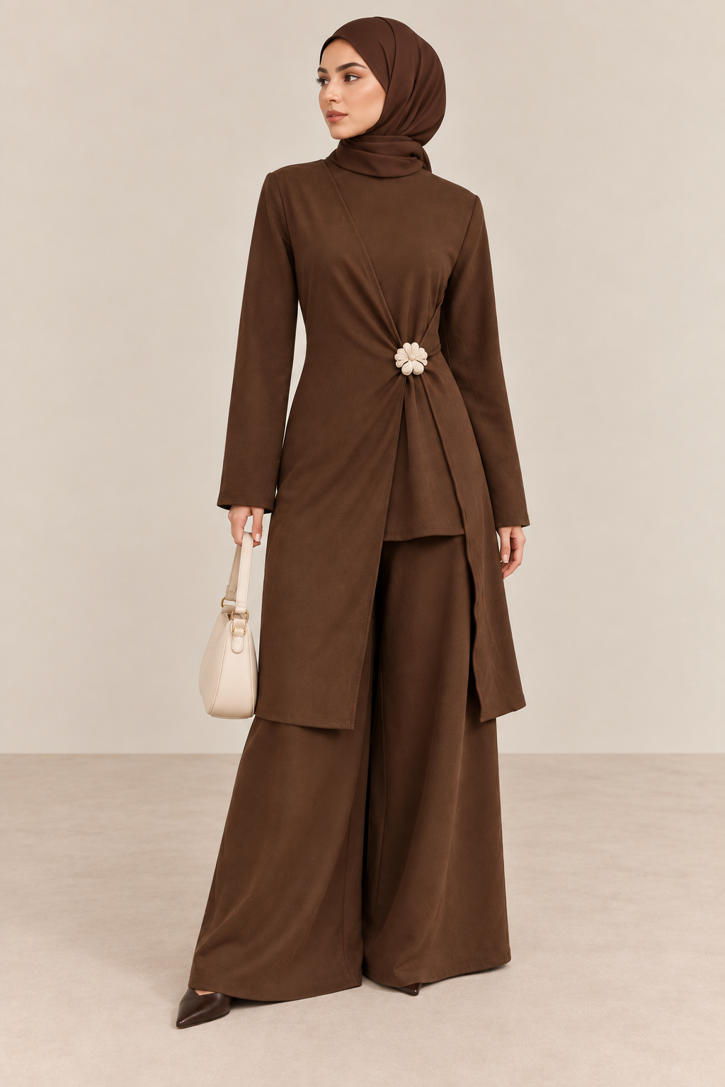 Modest long top with floral applique in espresso brown