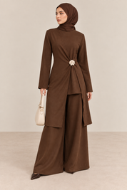 Modest long top with floral applique in espresso brown