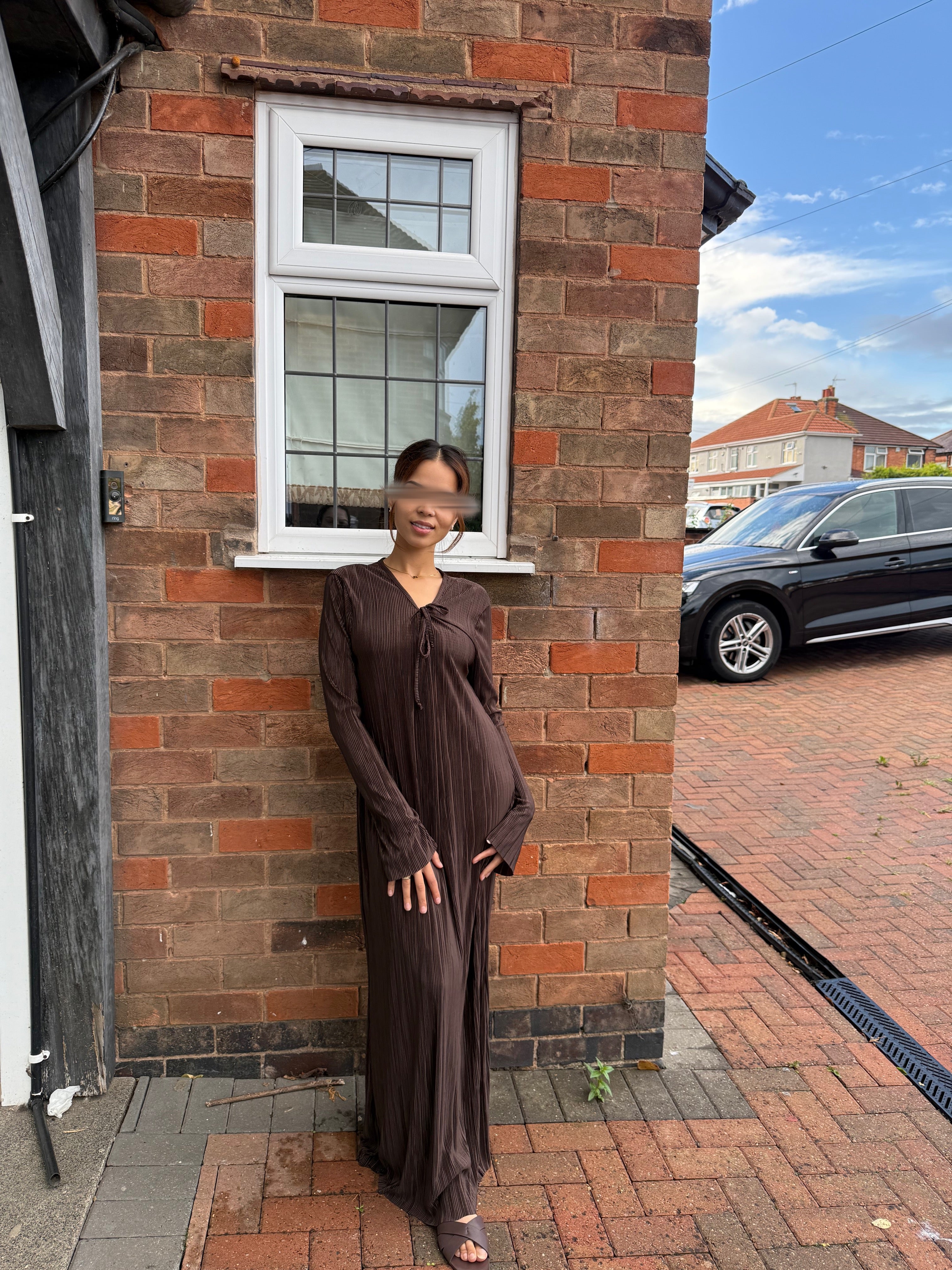 Pleated tie front maxi dress in espresso brown