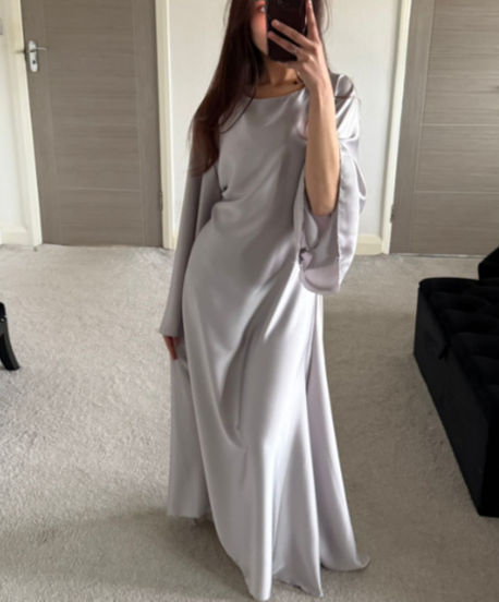Lace up back flared sleeve satin occasion dress