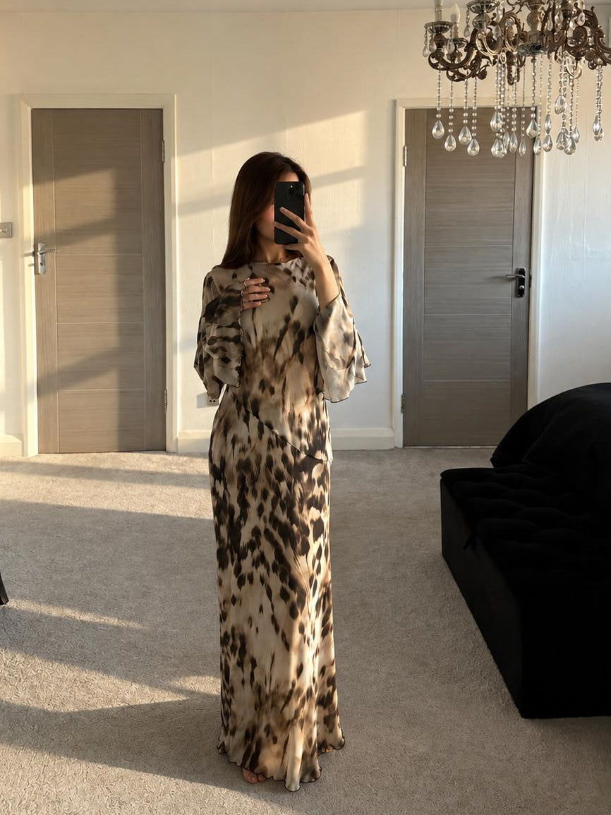 Asymetric seam detail modest mesh maxi dress in leopard