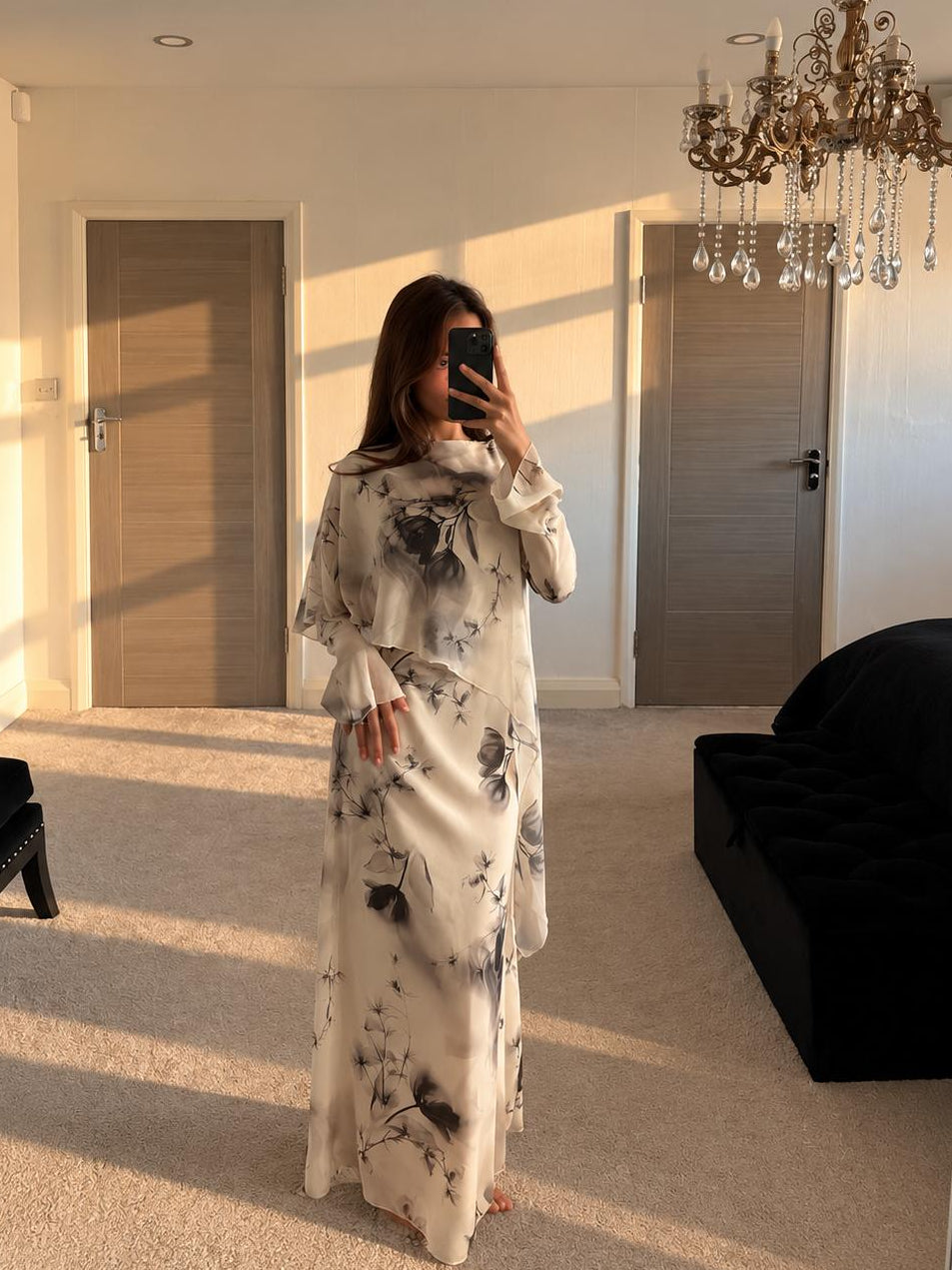 Cape overlay tie back modest dress in whimsy floral