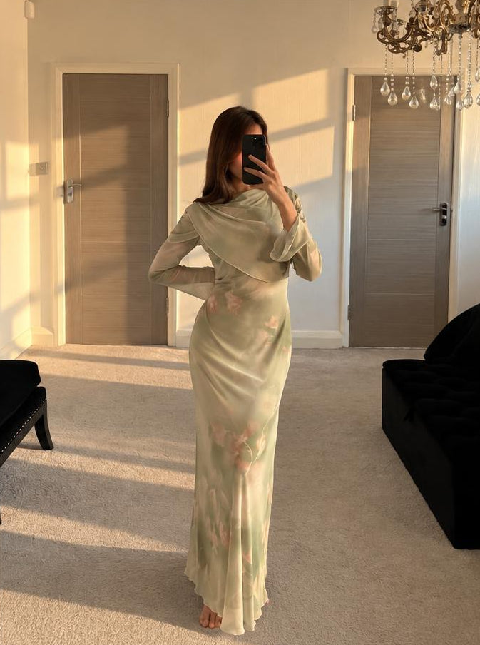 Cape overlay mesh modest maxi dress is whimsy sage florals