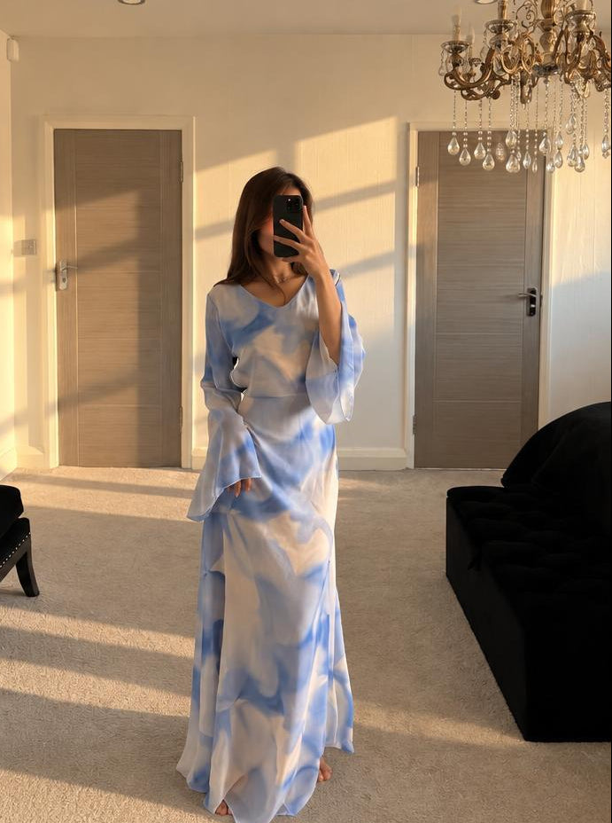 Chiffon tie back maxi dress in whimsy blues