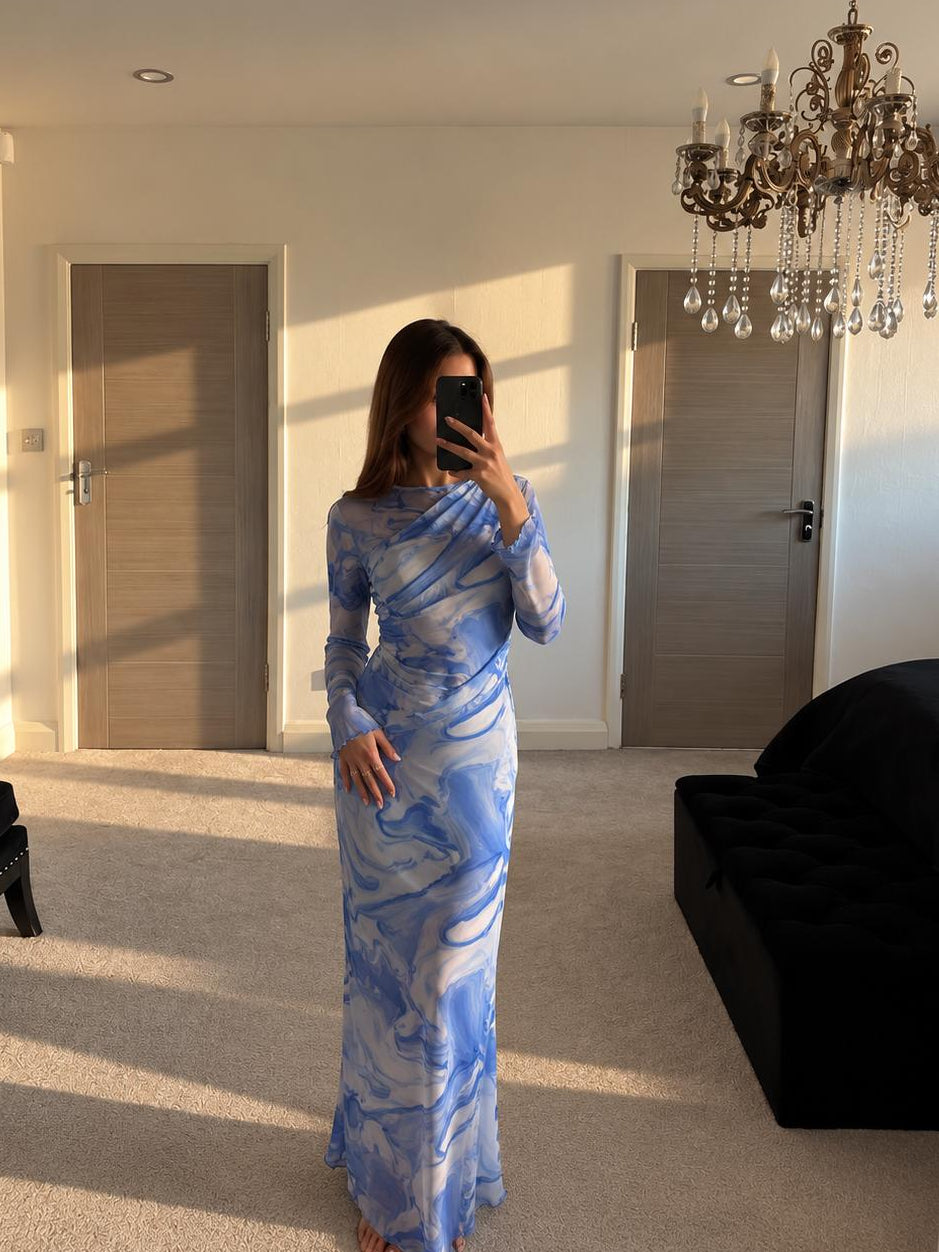 Drape overlay mesh modest maxi dress in marble blues