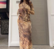 Mesh flared sleeve maxi dress in abstract animal