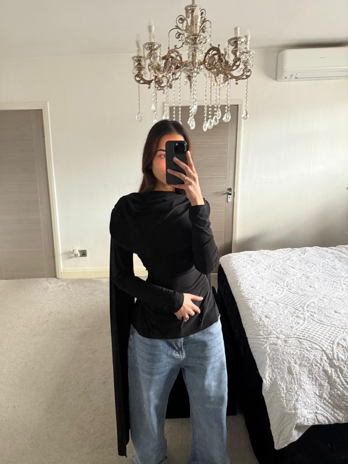 Modest cowl & cape detail tie back long top