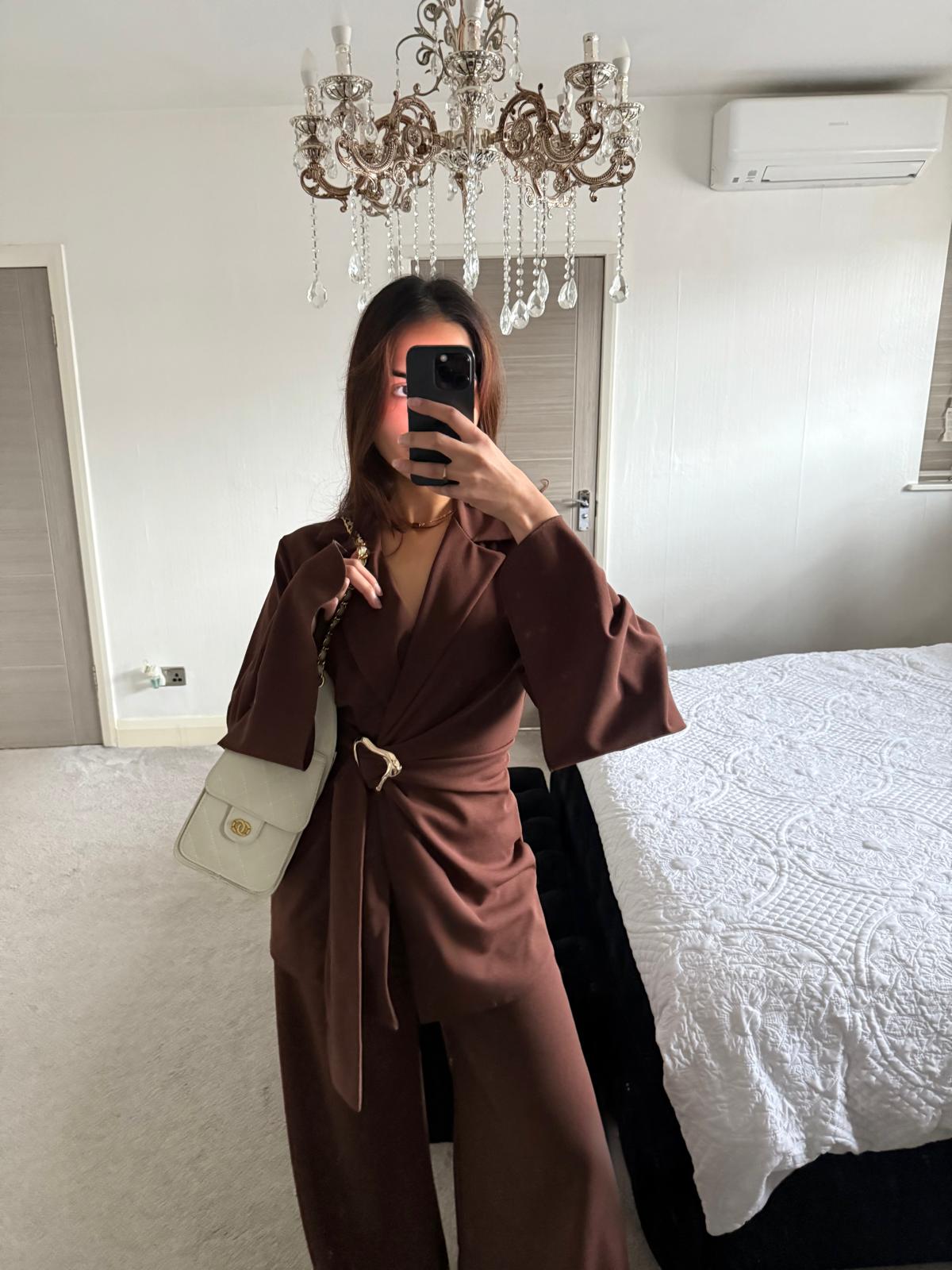 Blazer & trim detail co ord set in espresso brown