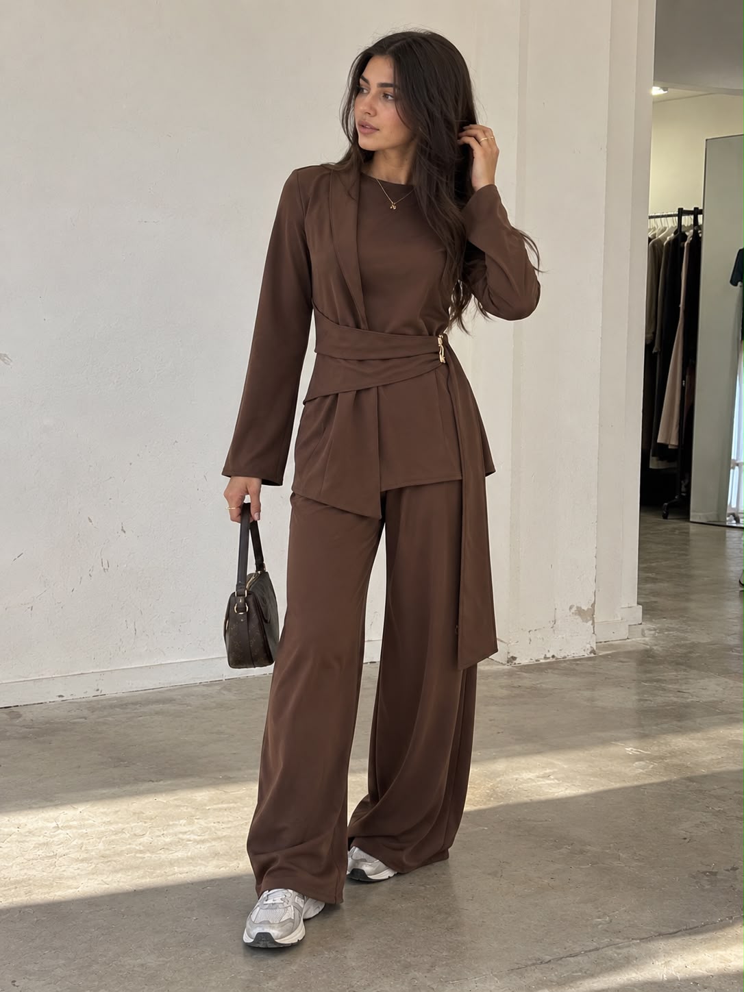 Modest blazer wrap co-ord in espresso brown