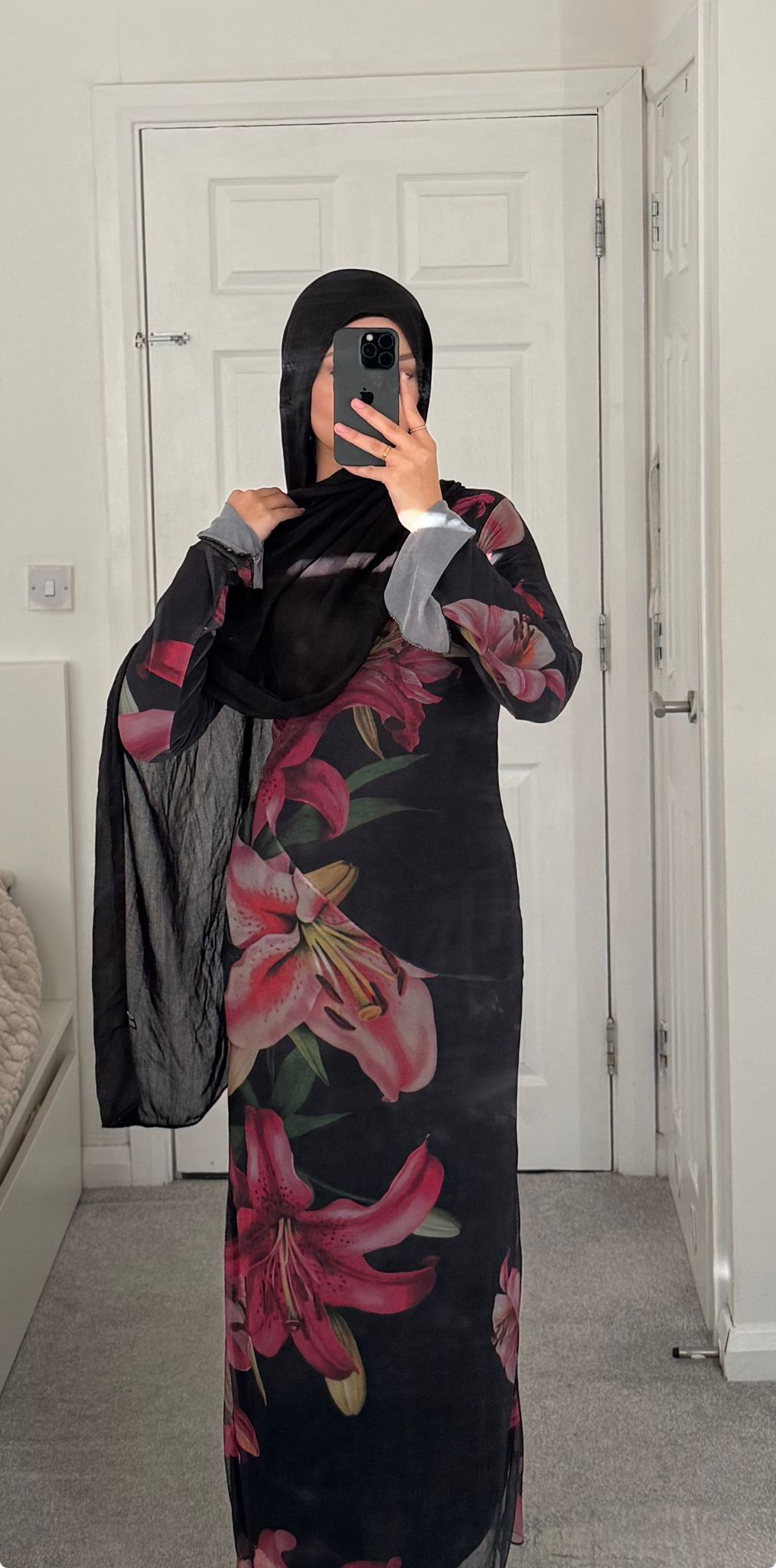 Printed modest mesh dress in florals