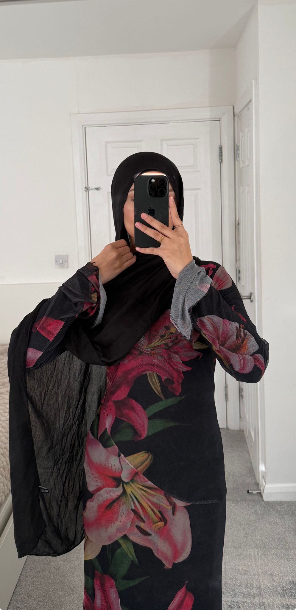 Printed modest mesh dress in florals