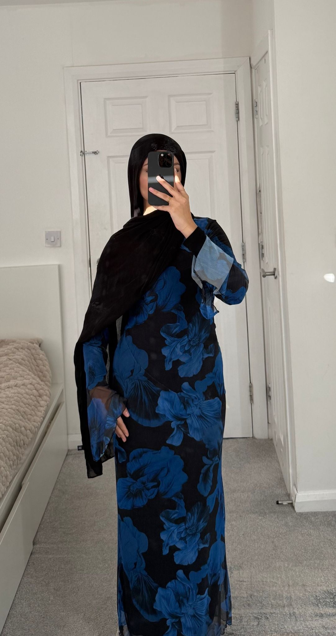 Modest mesh dress in abstract blues