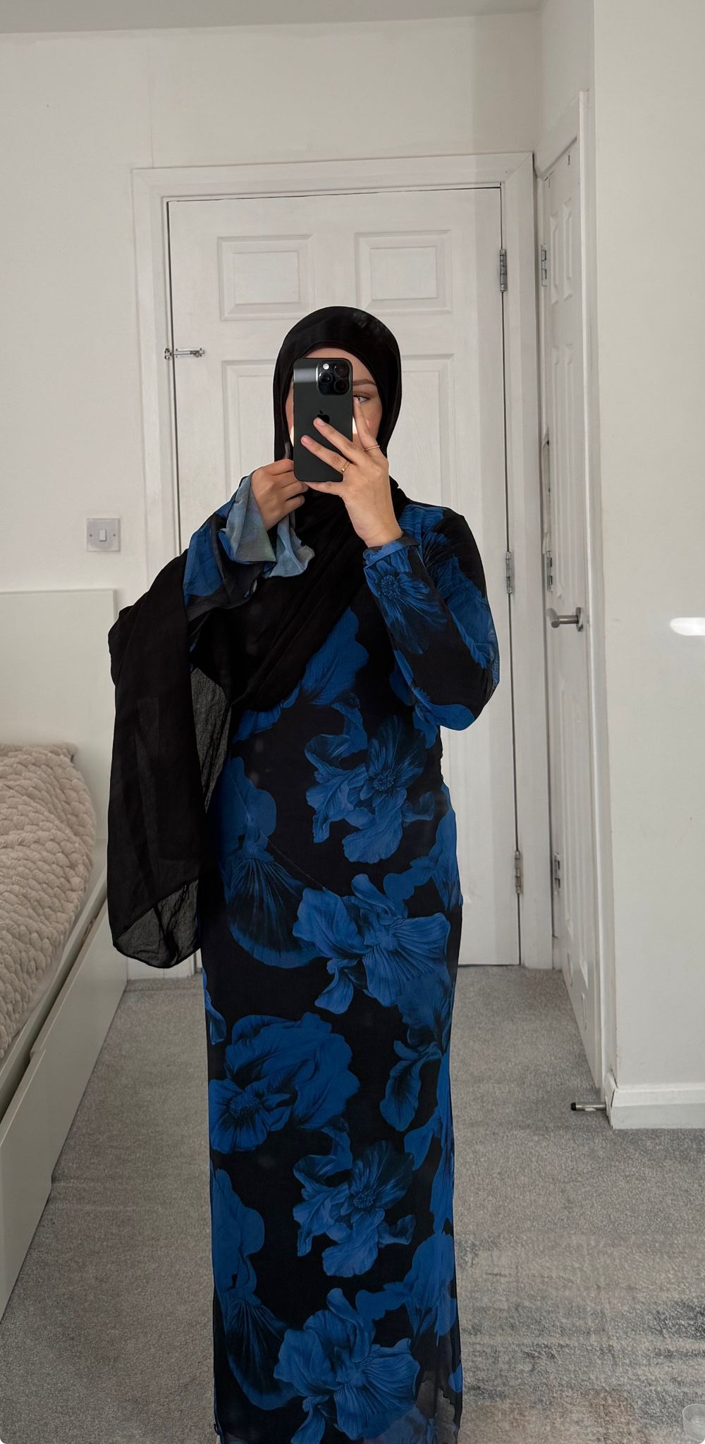 Modest mesh dress in abstract blues