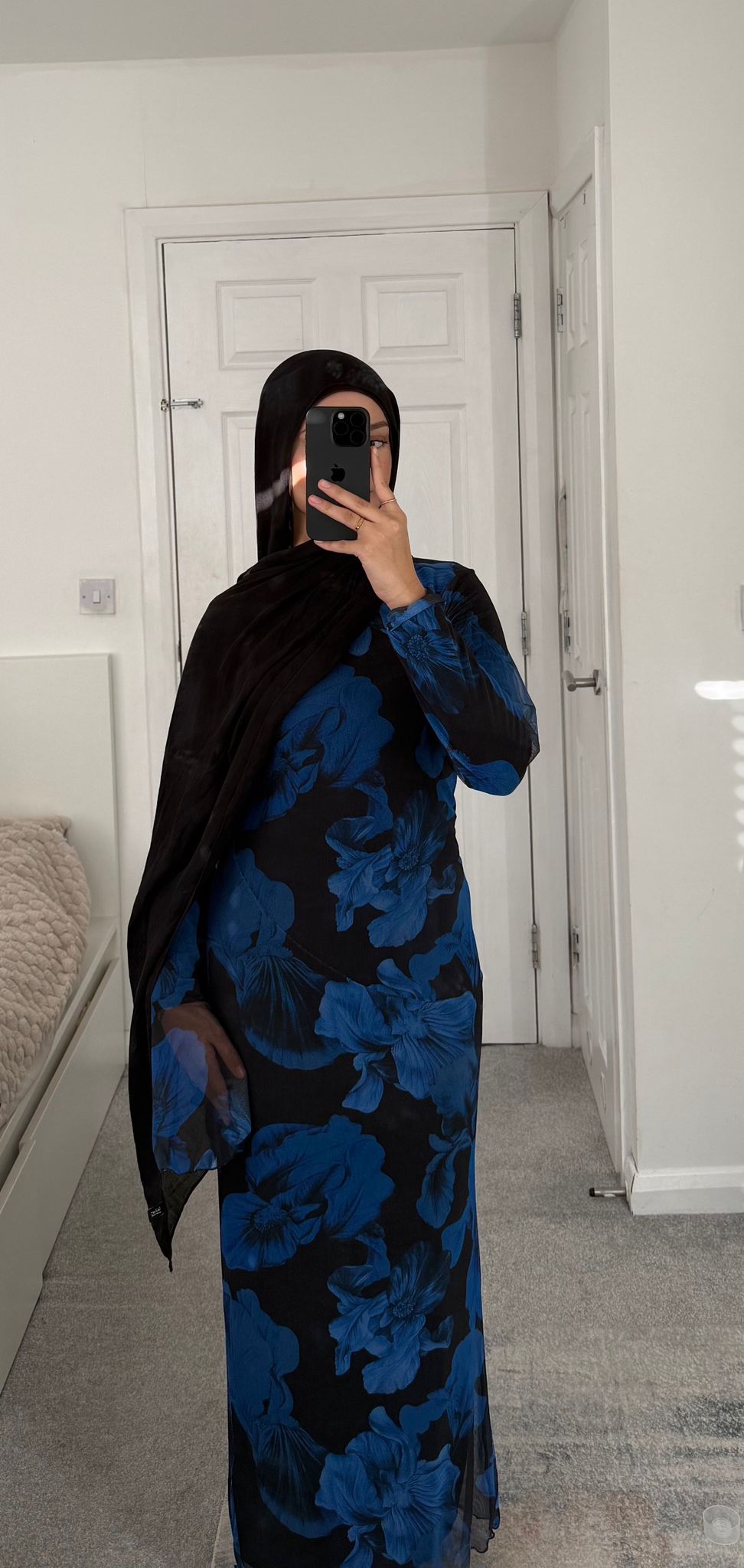 Modest mesh dress in abstract blues