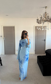 Mesh tie back maxi dress in summer blues