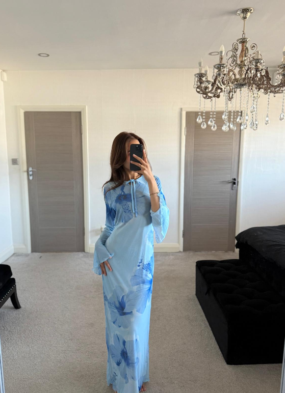 Mesh tie back maxi dress in summer blues