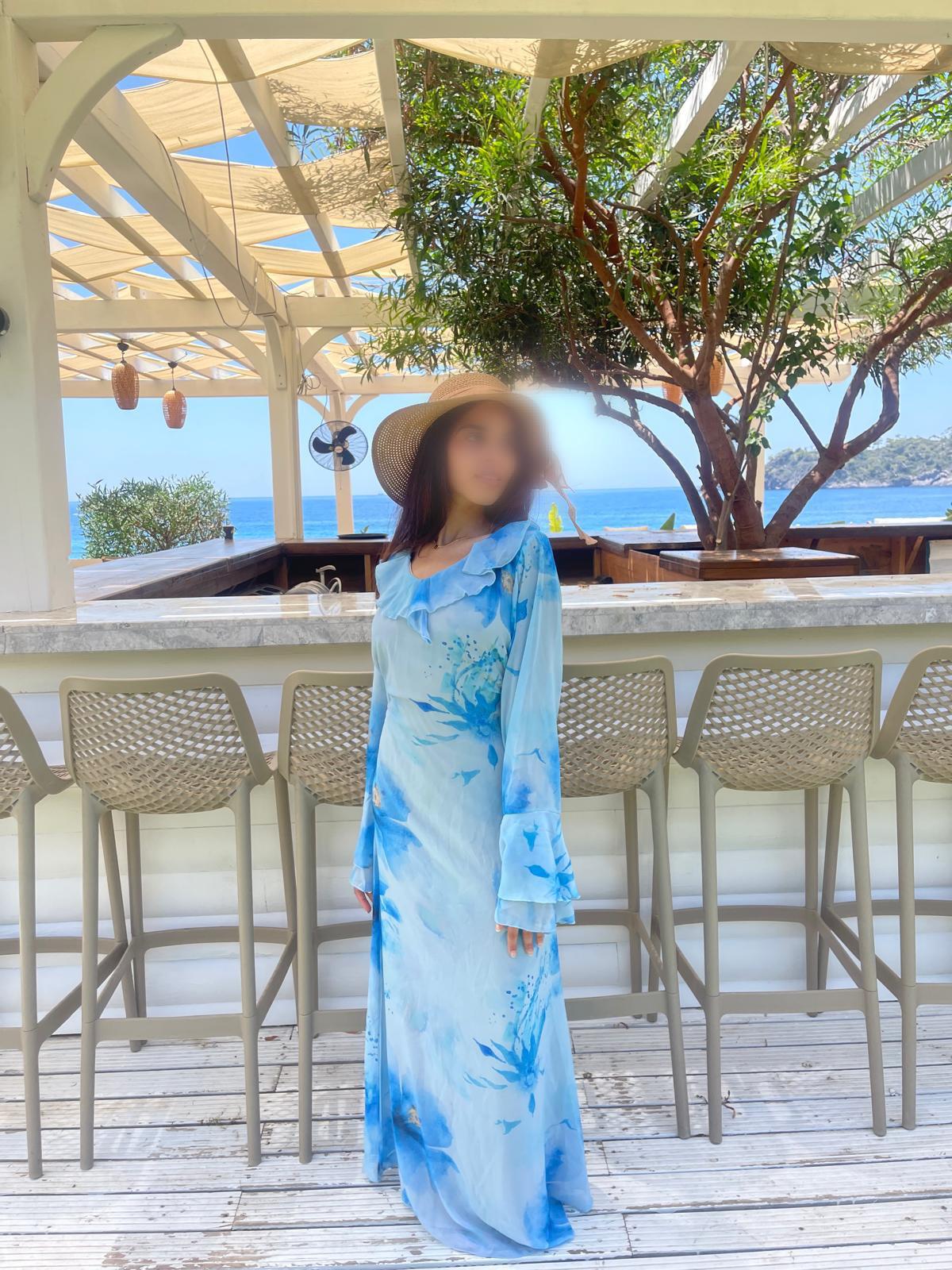 Frill detail chiffon tie back maxi dress in mystic blues