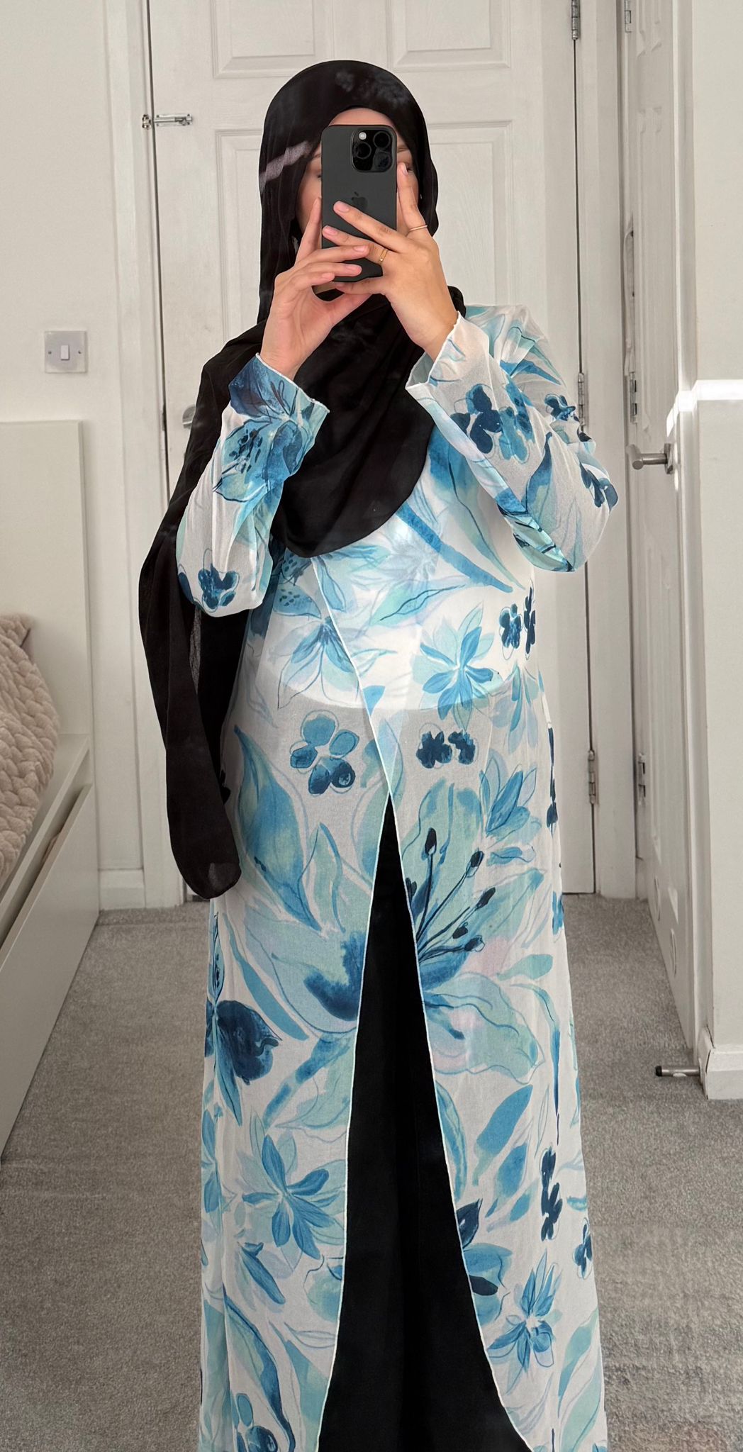 Chiffon modest asymmetric long top in whimsy blues