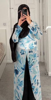 Chiffon modest asymmetric long top in whimsy blues