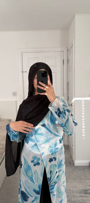 Chiffon modest asymmetric long top in whimsy blues