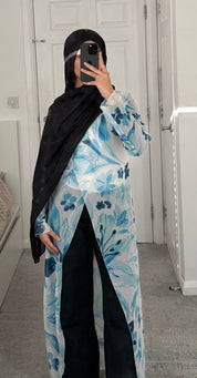 Chiffon modest asymmetric long top in whimsy blues