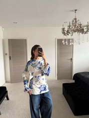 Woven and lace mix printed woven tie back top
