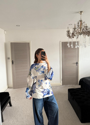 Woven and lace mix printed woven tie back top