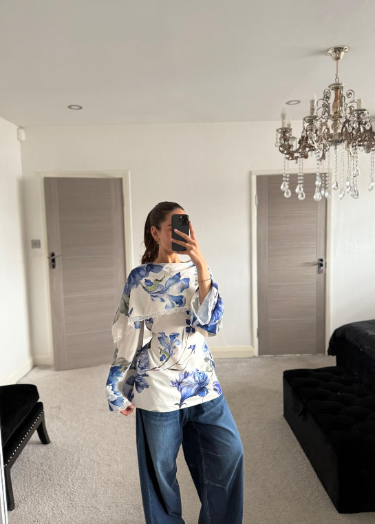 Woven and lace mix printed woven tie back top