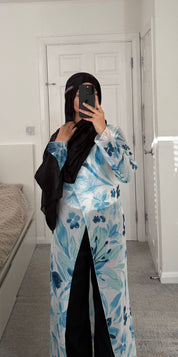 Chiffon modest asymmetric long top in whimsy blues