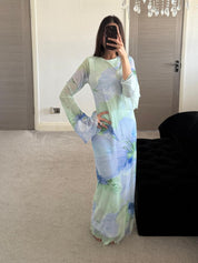 Long sleeve seam detail mesh maxi dress in dreamy blue floral
