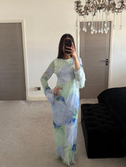 Long sleeve seam detail mesh maxi dress in dreamy blue floral