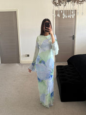 Long sleeve seam detail mesh maxi dress in dreamy blue floral