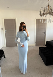 Mesh drape modest maxi dress in pastel blue