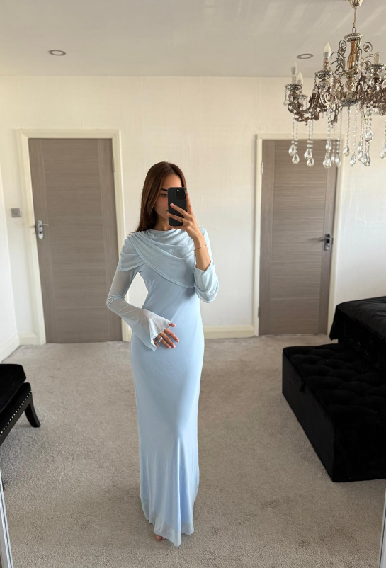 Mesh drape modest maxi dress in pastel blue