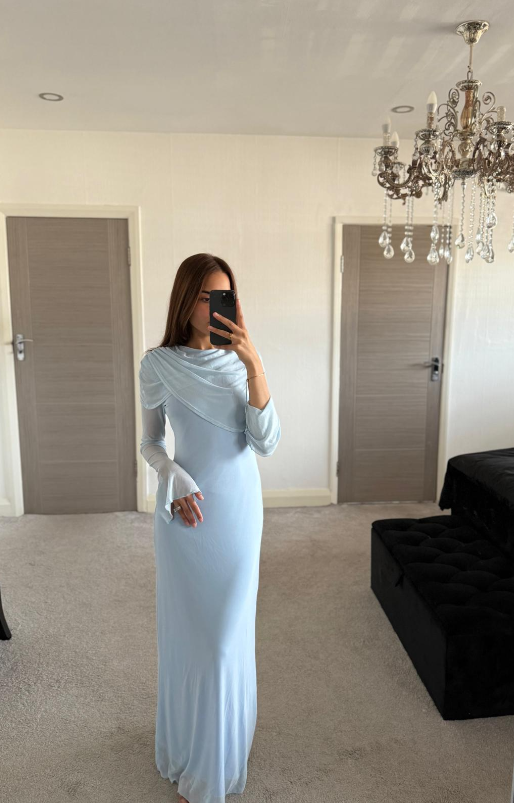 Mesh drape modest maxi dress in pastel blue