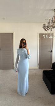Mesh drape modest maxi dress in pastel blue