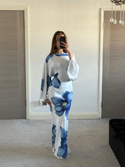 Woven tie back maxi dress in blue bloom petal