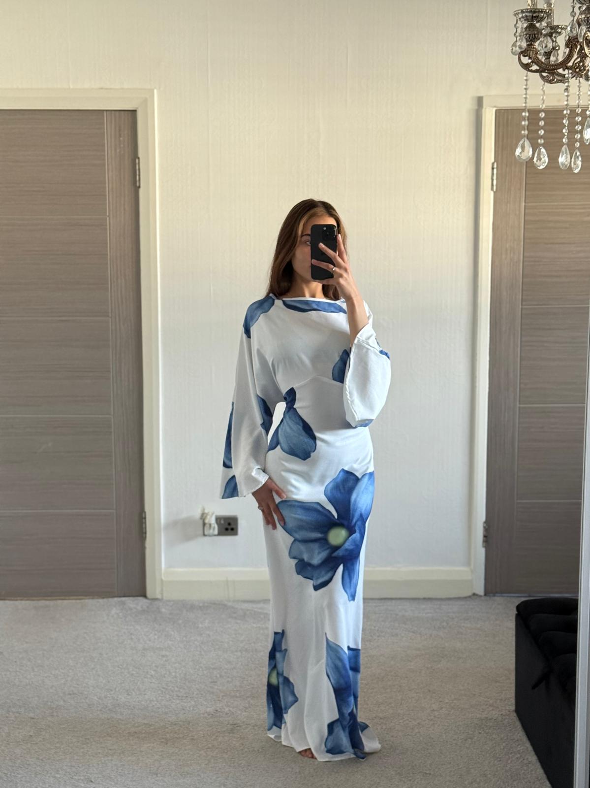 Woven tie back maxi dress in blue bloom petal