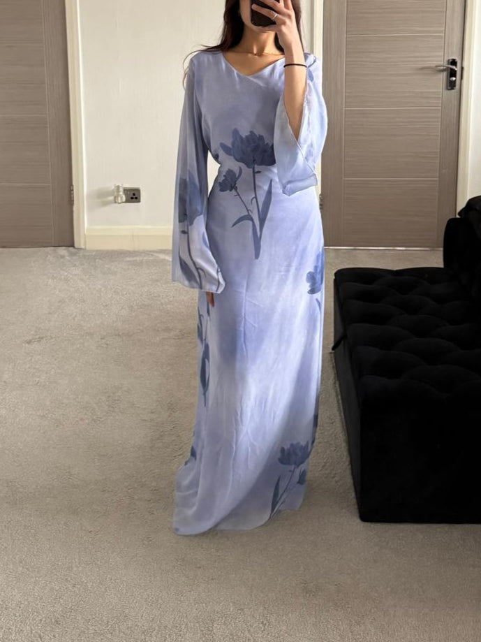 Tie back chiffon dress in blue tie dye