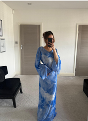 Tie back chiffon maxi dress in blue tie dye wave