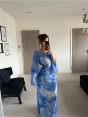 Tie back chiffon maxi dress in blue tie dye wave