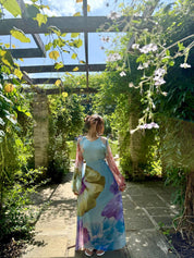 Tie back chiffon dress in botanic blues